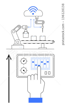 Industry 4.0, smart manufacturing, cloud connectivity, automation, IoT, digital monitoring. Robotic arm on production line with a user adjusting controls. Smart manufacturing and automation concept Industry 4.0, smart manufacturing, cloud connectivity, automation, IoT, digital monitoring. Robotic arm on production line with a user adjusting controls. Smart manufacturing and automation concept 136128138