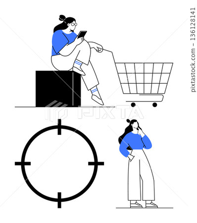 E-commerce, target audience, decision making, customer focus, retail marketing, digital strategy. Woman with a shopping cart, target graphic person with hand on chin. E-commerce and target audience E-commerce, target audience, decision making, customer focus, retail marketing, digital strategy. Woman with a shopping cart, target graphic person with hand on chin. E-commerce and target audience 136128141