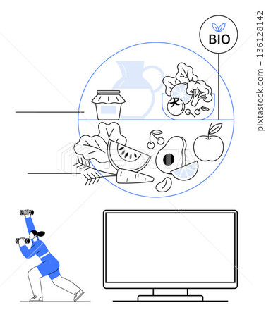 Organic food, health awareness, digital connection, sustainability, nutrition, consumer behavior. Fresh produce and a person using binoculars near a screen. Organic food and health awareness concept Organic food, health awareness, digital connection, sustainability, nutrition, consumer behavior. Fresh produce and a person using binoculars near a screen. Organic food and health awareness concept 136128142