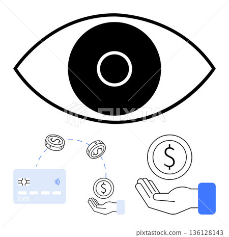 Financial monitoring, digital transactions, economic analysis, e-commerce, cashless payments, fintech. Iconic eye with dollar symbols, credit card and hand. Financial monitoring and digital Financial monitoring, digital transactions, economic analysis, e-commerce, cashless payments, fintech. Iconic eye with dollar symbols, credit card and hand. Financial monitoring and digital 136128143