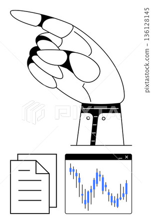 Business strategy, data analysis, market trends, decision-making, economy, analytics. Hand pointing upward, papers and a digital stock chart. Data analysis and market trends visualization Business strategy, data analysis, market trends, decision-making, economy, analytics. Hand pointing upward, papers and a digital stock chart. Data analysis and market trends visualization 136128145