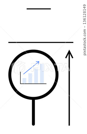 Business growth, analytics, financial forecasting, market success, performance evaluation, strategy planning. Magnifying glass highlighting bar graph and arrow rising upward. Business growth 136128149