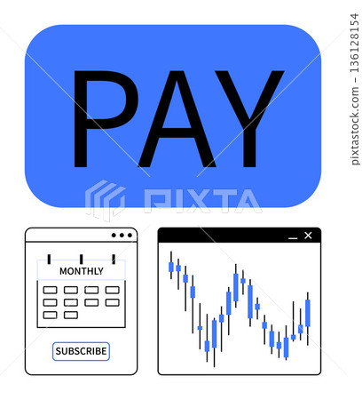 Payment systems, financial analytics, subscription services, recurring payments, expense tracking, e-commerce tools. Bold PAY text, subscription calendar and candlestick chart. Payment systems 136128154
