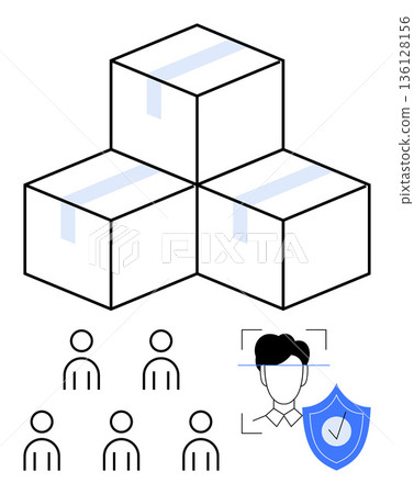 Logistics, identity verification, digital security, supply chain, authentication, online services. Stacked boxes, people icons and a face scan icon with a shield. Logistics and identity verification Logistics, identity verification, digital security, supply chain, authentication, online services. Stacked boxes, people icons and a face scan icon with a shield. Logistics and identity verification 136128156