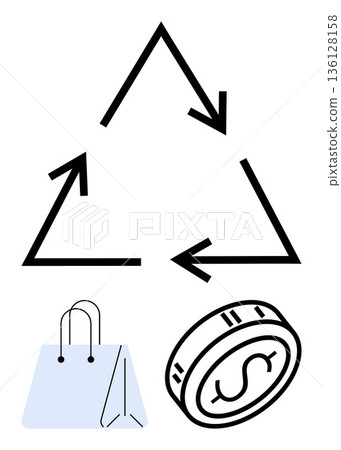 Sustainability, eco-friendly practices, circular economy, consumer behavior, financial savings, waste reduction. Recycling symbol, paper shopping bag coin with dollar sign. Sustainability 136128158