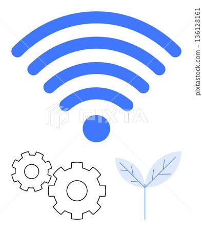 Technology, innovation, sustainability, connectivity, ecological solutions, wireless systems. wireless signal, gears and a leaf element. Technology and sustainability concept Technology, innovation, sustainability, connectivity, ecological solutions, wireless systems. wireless signal, gears and a leaf element. Technology and sustainability concept 136128161