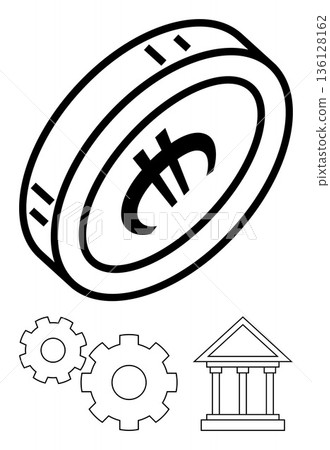 Cryptocurrency, blockchain, fintech, financial systems, banking technology, innovation. Monochrome coin with a crypto symbol, gears and a bank building. Cryptocurrency and blockchain concepts 136128162