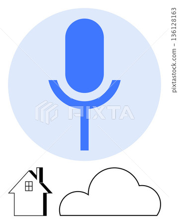 Voice control, smart home, cloud storage, AI integration, digital assistant, technology innovation. Blue microphone, cloud and house symbols on white background. Voice control and smart home 136128163