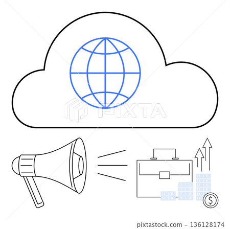 Technology, digital marketing, global networking, business growth, cloud computing, financial progress. a cloud with a globe, a megaphone and money-growing charts. Cloud computing and digital Technology, digital marketing, global networking, business growth, cloud computing, financial progress. a cloud with a globe, a megaphone and money-growing charts. Cloud computing and digital 136128174