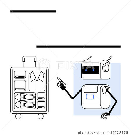 Travel planning, AI assistance, organization, futuristic technology, smart tips, packing efficiency. Robot indicating towards a neatly organized suitcase. Travel planning and AI assistance concept Travel planning, AI assistance, organization, futuristic technology, smart tips, packing efficiency. Robot indicating towards a neatly organized suitcase. Travel planning and AI assistance concept 136128176