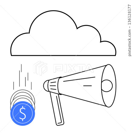 Digital marketing, cloud services, online revenue, ecommerce, advertising solutions, network promotion. Cloud structure with coins and megaphone. Digital marketing and cloud services concept 136128177