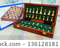 chessboard with golden and silver pieces isolated close-up 136128181