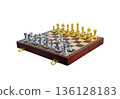 chessboard with golden and silver pieces isolated on white background 136128183