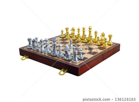 chessboard with golden and silver pieces isolated on white background 136128183