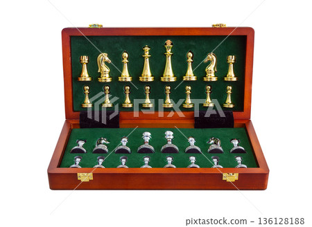 chessboard with golden and silver pieces isolated on white background 136128188