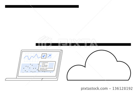 Cloud storage, data analytics, business growth, technology solutions, connectivity, remote work. Laptop showing graphs and charts next to a cloud icon. Data analytics and cloud storage 136128192