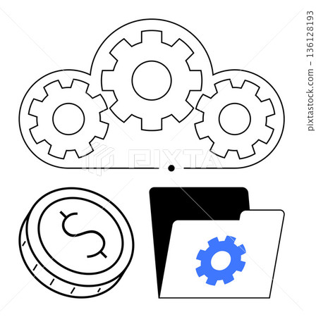 Financial technology, data storage, cloud computing, automation, innovation, investment. Gears in cloud, coin and folder visuals. Financial technology and data storage concept 136128193