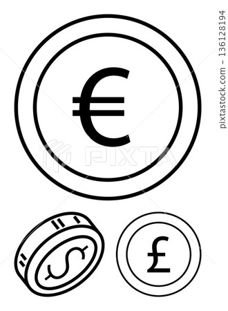 Finance, banking, currency exchange, global economy, investments, monetary systems. Coin outlines with euro, dollar and pound symbols. Finance and banking concept 136128194