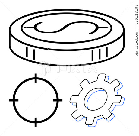 Financial planning, business strategy, goal setting, economic growth, operations, and system optimization. Coin, target scope and gear. Financial planning and business strategy concepts 136128195