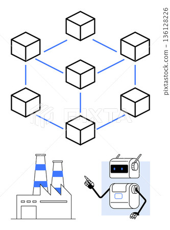Blockchain, industrial IoT, automation, AI robotics, data security, smart manufacturing. A blockchain network connects a factory and a robotic system. Blockchain and industrial IoT concept 136128226