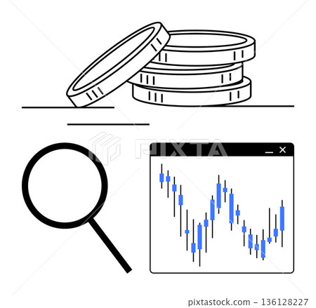Financial investment, data analytics, market trends, financial growth, stock trading, economic research. Coins, magnifying glass financial chart. Financial investment and data analytics concept 136128227