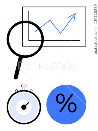 Business analytics, progress tracking, time management, financial growth, market research, investment tools. Magnifying glass, growth chart stopwatch percent sign. Business analytics and progress 136128229
