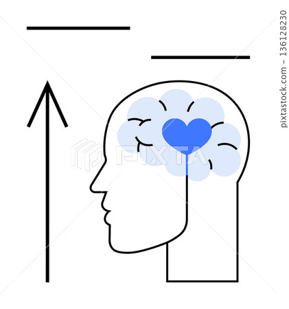 Mental health, emotional intelligence, psychology, mindfulness, personal growth, support. Human profile with brain and heart inside. Mental health and emotional intelligence concepts 136128230