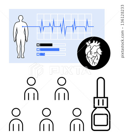 Medical services, cardiology, healthcare data, patient monitoring, diagnostics, pharmaceutical tools. Heart diagram with a health chart, group icons medical dropper. Healthcare and cardiology Medical services, cardiology, healthcare data, patient monitoring, diagnostics, pharmaceutical tools. Heart diagram with a health chart, group icons medical dropper. Healthcare and cardiology 136128233