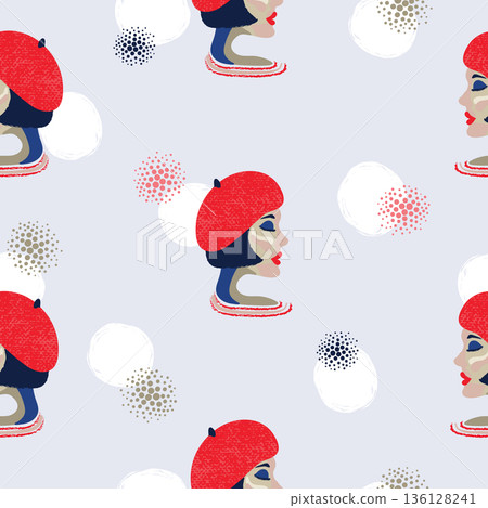 Seamless pattern with portrait of French woman Seamless pattern with portrait of French woman 136128241
