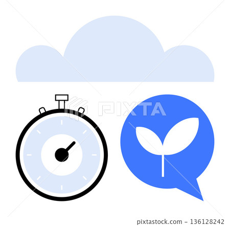 Digital innovation, sustainability, efficiency, nature, growth, planning. Minimalist design with a stopwatch, cloud and speech bubble containing a leaf. Digital innovation and sustainability concept Digital innovation, sustainability, efficiency, nature, growth, planning. Minimalist design with a stopwatch, cloud and speech bubble containing a leaf. Digital innovation and sustainability concept 136128242