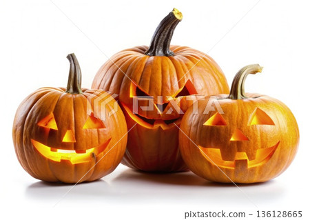 Three Lit Jack-O-Lantern Pumpkins Isolated on White Background. Generative AI 136128665