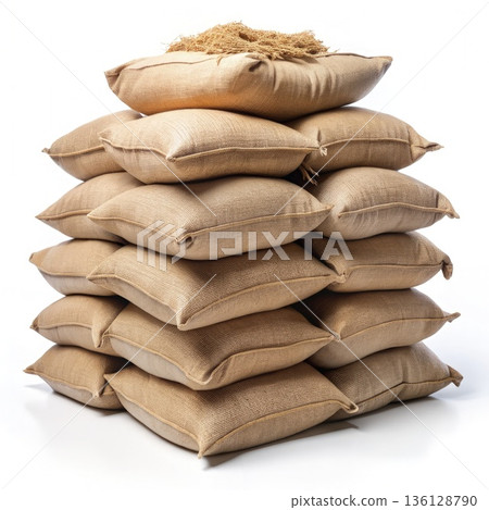Stacked Sandbags for Flood Control and Protection on a White Background. Generative AI 136128790