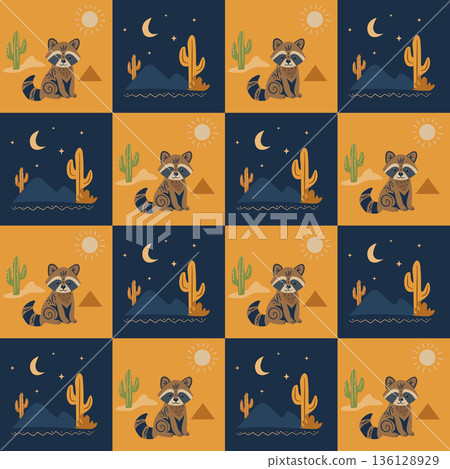 Seamless raccoon desert pattern in squares 136128929