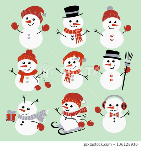 Set of Mint and Silver Snowman Icon Clipart Stickers, Vector Design 136128930