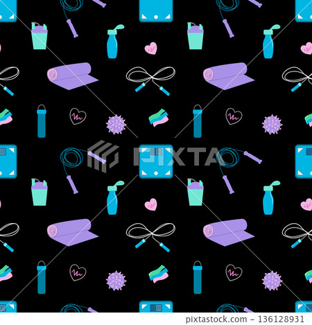Seamless Fitness Pattern with Gym Icons on Dark Background 136128931