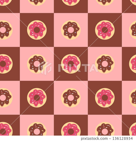 Seamless checkered pattern with chocolate and red donuts Seamless checkered pattern with chocolate and red donuts 136128934