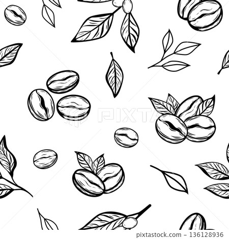 Seamless vector pattern with coffee beans and leaves in line art style 136128936