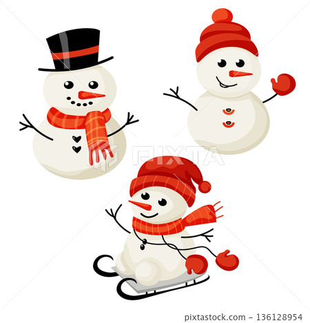 Set of Cute 3D Snowmen Clipart in Winter Hats and Scarves, Holiday Art Set of Cute 3D Snowmen Clipart in Winter Hats and Scarves, Holiday Art 136128954