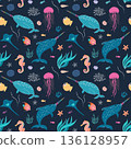 Seamless vector pattern with narwhals jellyfish seahorses and ocean fish 136128957