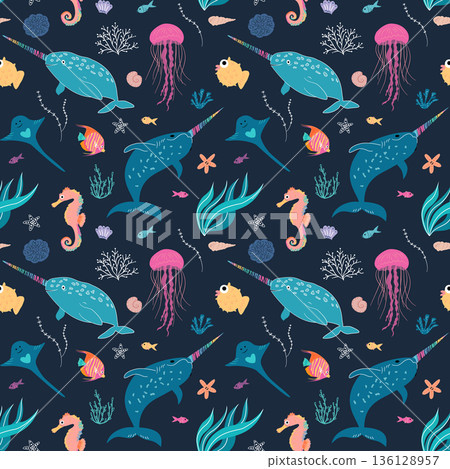Seamless vector pattern with narwhals jellyfish seahorses and ocean fish 136128957