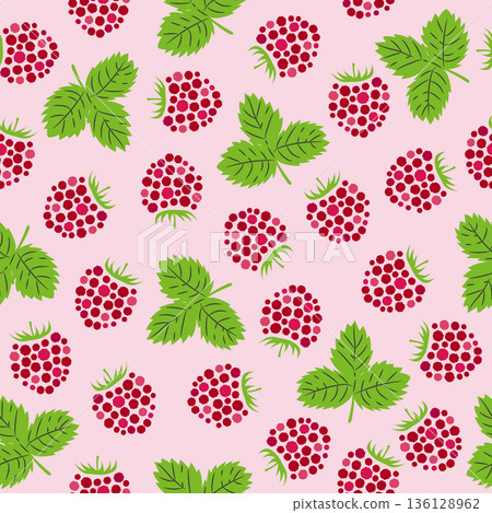 Seamless raspberry pattern. Vector illustration with berries and leaves Seamless raspberry pattern. Vector illustration with berries and leaves 136128962