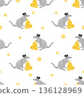 Seamless rat and cheese pattern. Vector watercolor mouse illustration 136128969