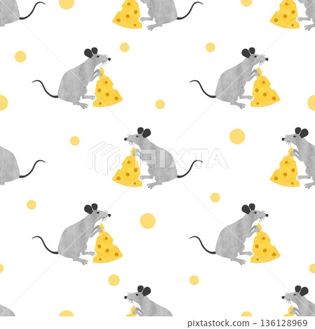 Seamless rat and cheese pattern. Vector watercolor mouse illustration Seamless rat and cheese pattern. Vector watercolor mouse illustration 136128969