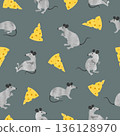 Cute rat and cheese pattern. Seamless vector watercolor mouse illustration 136128970