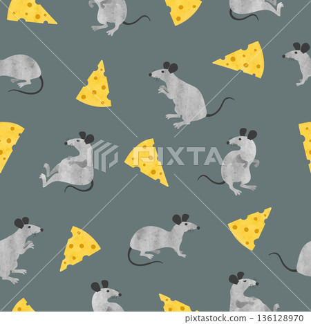 Cute rat and cheese pattern. Seamless vector watercolor mouse illustration Cute rat and cheese pattern. Seamless vector watercolor mouse illustration 136128970