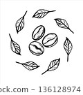 Coffee Beans with Circle of Leaves Line Art Vector Illustration 136128974