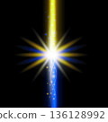 Yellow-blue glowing wave with radiating light rays on black background 136128992