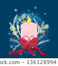 New Year's card with candles, bow, twigs, berries, snowflakes and stars 136128994