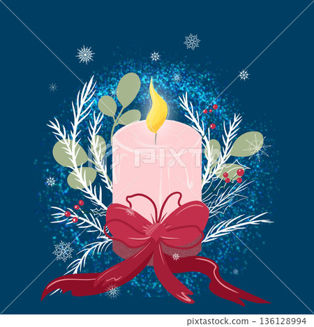 New Year's card with candles, bow, twigs, berries, snowflakes and stars 136128994