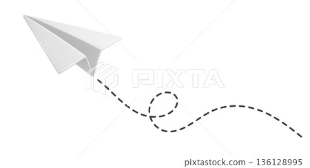 White Paper Airplane Icon, Vector Illustration. Flying Paper Plane with Dotted Line Trail. Email, Message Symbol. 3d White Paper Airplane, Isolated 136128995